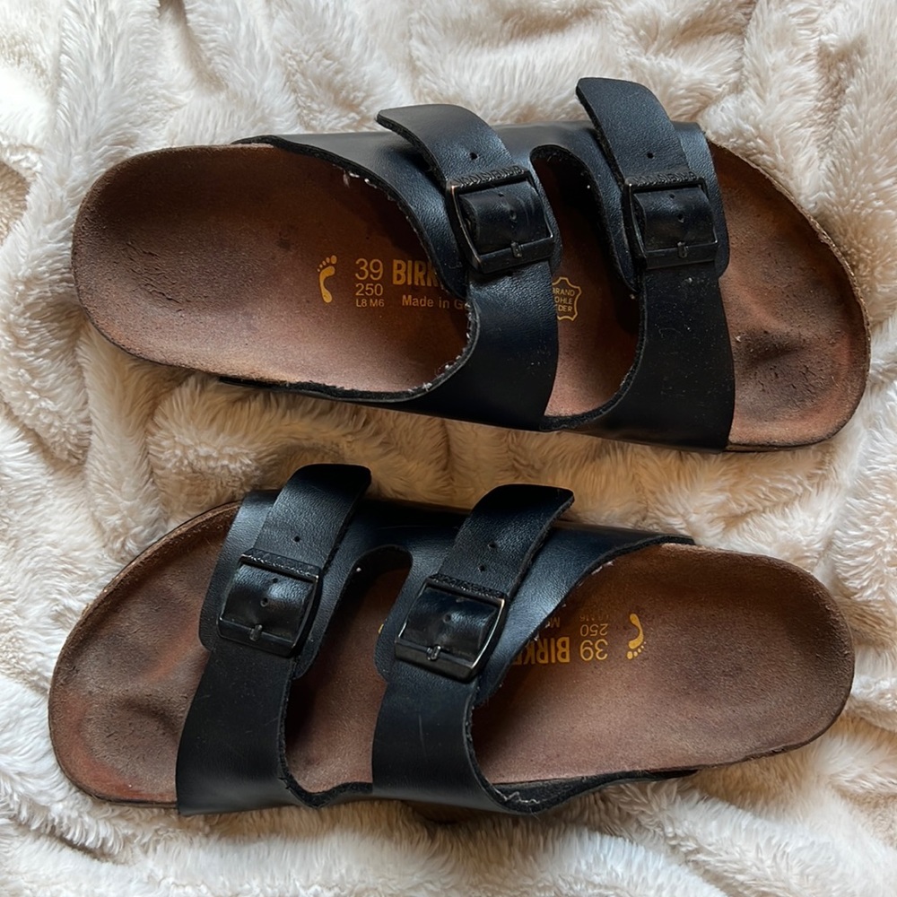Black Leather Birkenstocks Arizona Slides